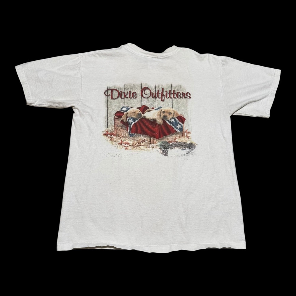 2000s Anvil Dixie Outfitters Double Sided Puppy White Shirt‎ Men's Small FLAWS